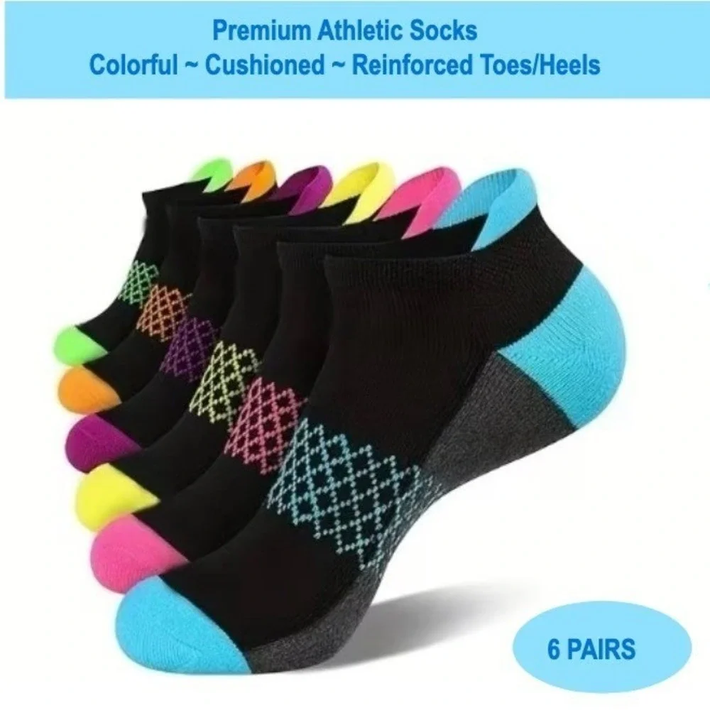 Colorful Athletic Women's Socks‎ M/L 6 PACK Tab Low Cut High Quality NEW